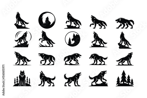 Black wolf silhouettes howling and standing on rocks and trees sitting roaring
