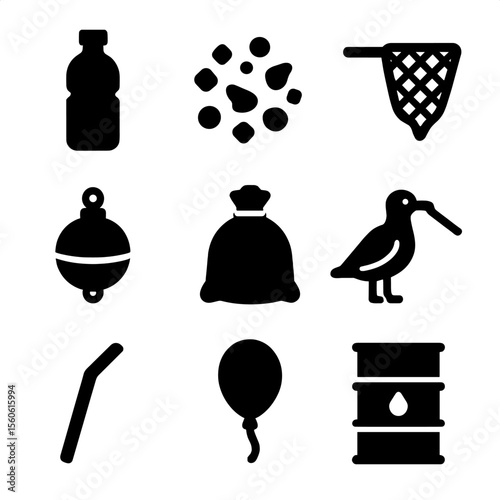 Plastic Pollution Icons. Solid, Filled icon set of plastic pollution: plastic bottle, microplastic fragment, fishing net, buoy,