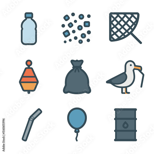 Plastic Pollution Icons. Flat icon set of plastic pollution: plastic bottle, microplastic fragment, fishing net, buoy, trash bag,