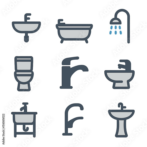 Plumbing Fixtures Icons. Flat icon set of plumbing fixtures: sink basin, bathtub, showerhead, toilet, faucet, bidet, utility sink,