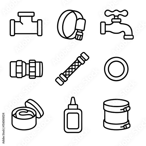 Plumbing Supplies Icons. Outline icon set of DIY plumbing supplies: T-joint, pipe clamp, hose bibb, quick-connect fitting, braided