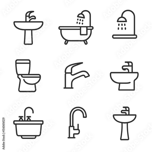 Plumbing Fixtures Icons. Outline icon set of plumbing fixtures: sink basin, bathtub, showerhead, toilet, faucet, bidet, utility