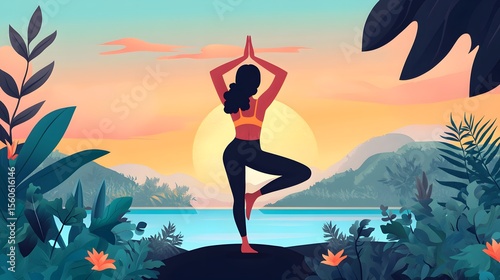 Woman practicing yoga by a tranquil lake at sunrise.