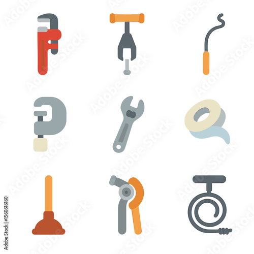 Plumbing Tools Icons. Flat icon set of plumbing tools: pipe wrench, basin wrench, plumber’s snake, pipe cutter, adjustable spanner