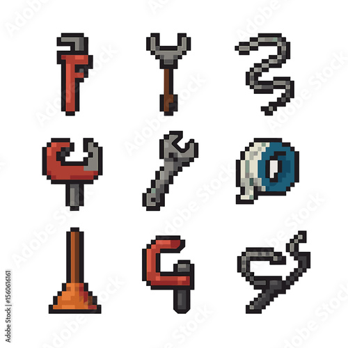 Plumbing Tools Icons. Pixel art icon set of plumbing tools: pipe wrench, basin wrench, plumber’s snake, pipe cutter, adjustable