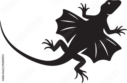 Frilled lizard vector silhouette style, Reptilian creature line art design