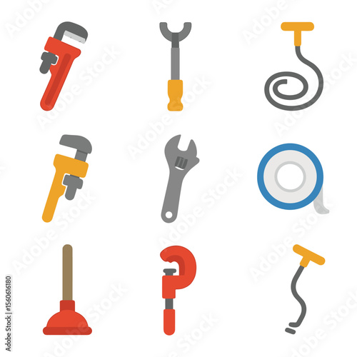 Plumbing Tools Icons. Flat icon set of plumbing tools: pipe wrench, basin wrench, plumber’s snake, pipe cutter, adjustable spanner