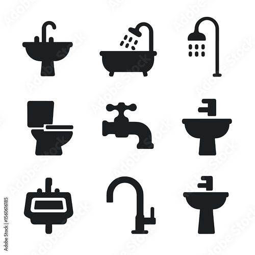 Plumbing Icon Set. Solid, Filled icon set of plumbing fixtures: sink basin, bathtub, showerhead, toilet, faucet, bidet, utility