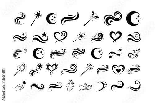 Magical swirls moons stars hearts and wands vector
