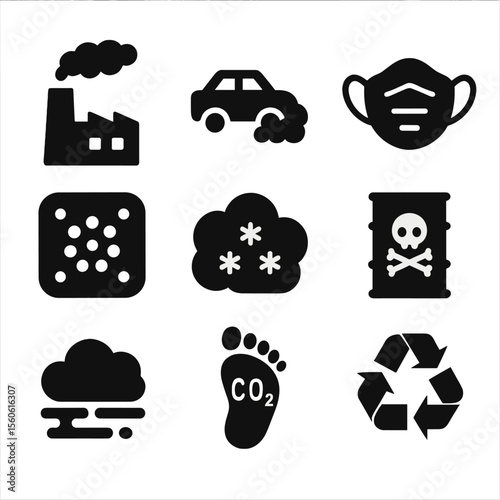 Pollution Icon Set. Solid, filled icon set of pollution and air quality: factory smokestack, vehicle exhaust, mask, air filter,