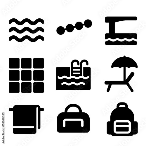 Pool Icon Set. Solid, filled icon set of pool environment: pool water, lane rope, diving board, pool tiles, pool deck, poolside