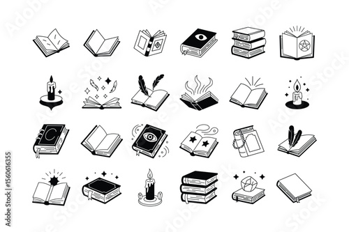 Collection of Magical Books and Candles open book closed book