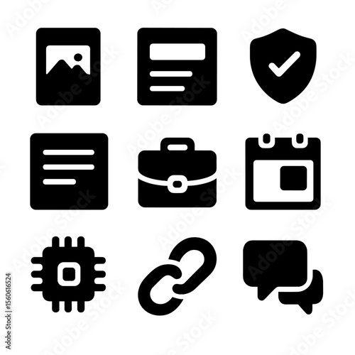 Portfolio Icon Grid. Solid, Filled icon set of portfolio presentation pages: project thumbnail, title header, skill badge, brief