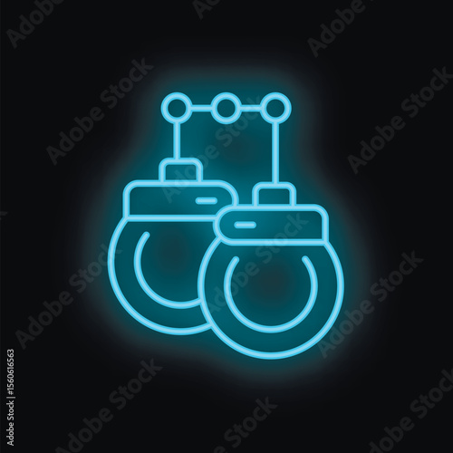 Neon blue icon of handcuffs glowing on black background representing crime, arrest or law enforcement