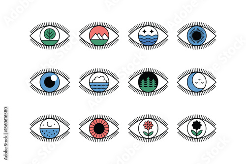 Stylized eyes with nature and celestial scenes tree
