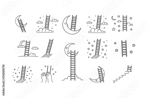 Ladders reaching for the moon stars and clouds with hands vector