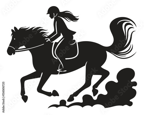 Galloping black mustang stallion vector illustration with equestrian rider silhouette