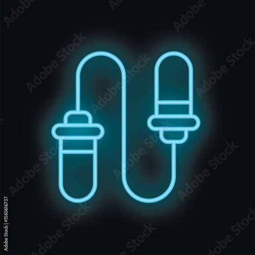 Blue neon sign of a skipping rope glowing on a black background