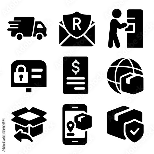 Post Office Icons. Solid, filled icon set of post office services: express delivery, registered mail, parcel drop-off, PO box,