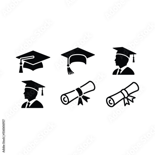 Black and white graduation icons featuring mortarboard hats and diplomas for educational design