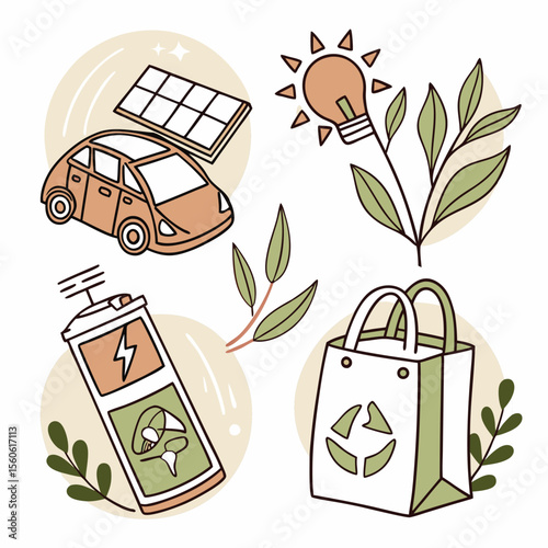 Illustration showing sustainable living with an electric car, solar panel, and reusable bag items