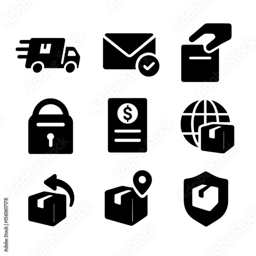 Post Office Icons. Solid, filled icon set of post office services: express delivery, registered mail, parcel drop-off, PO box,
