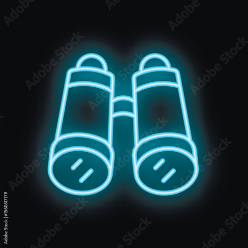 Blue neon sign binoculars glowing on a black background, great for concepts such as searching, discovery and exploration