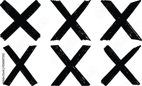 Vector art of six black cross marks painted with a brush, isolated on transparent background