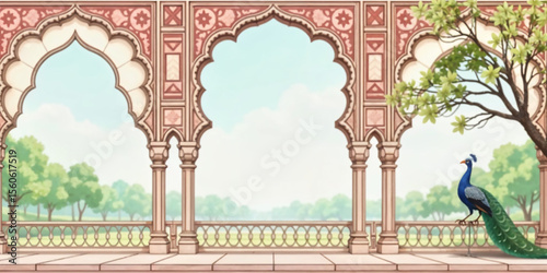 Mughal Garden Arch Vector – Peacock in Ornamental Palace Architecture, Royal Decorative Indian Illustration, Heritage Style Wallpaper Art Design