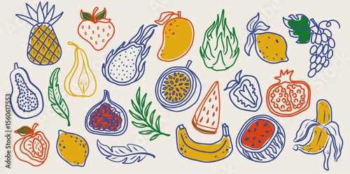 Hand-drawn vector collection of colorful tropical fruits banana, pineapple, strawberry, fig, pomegranate, lemon, mango, watermelon, dragon fruit, passion fruit, grape, pear. Decorative food icons