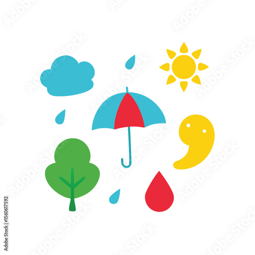 Crayon Weather and Season Symbols Like Snowflake and Rain