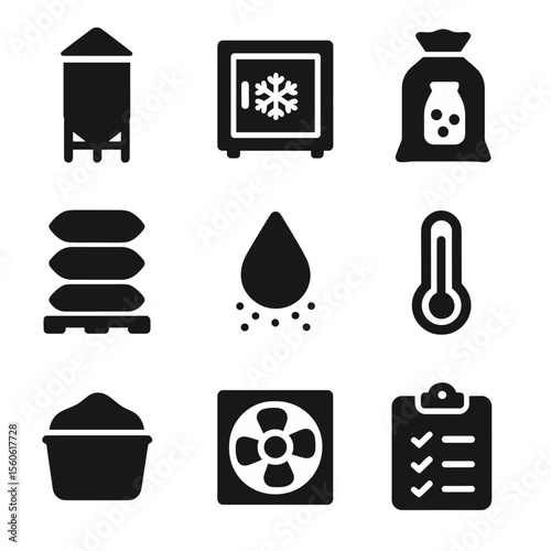 Post-Harvest Storage Icons. Solid, Filled icon set of post-harvest storage: grain silo, cold storage unit, hermetic bag, pallet