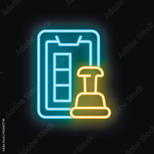 Glowing neon line icon of a hand holding a smartphone with a gps navigation app showing location on map
