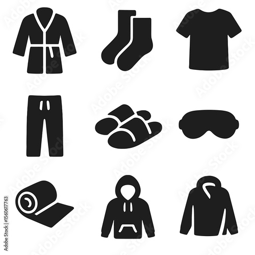 Post-Workout Comfort Icons. Solid, filled icon set of post-workout comfort wear: fleece robe, warm socks, oversized tee, lounge