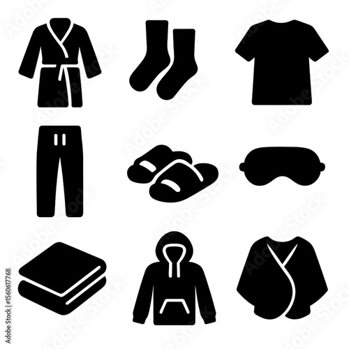 Post-Workout Comfort Icons. Solid, filled icon set of post-workout comfort wear: fleece robe, warm socks, oversized tee, lounge