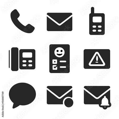Postal Communication Icons. Solid, filled icon set of postal communication tools: telephone, email icon, walkie-talkie, intercom,