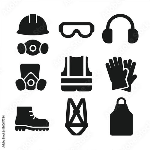 PPE Icon Set. Solid, Filled icon set of personal protective equipment selection: hard hat, safety goggles, ear muffs, respirator