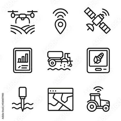 Precision Agriculture Icons. Outline icon set of precision agriculture: drone over field, GPS signal, satellite, data tablet,