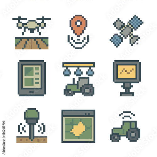 Precision Agriculture Icons. Pixel art icon set of precision agriculture: drone over field, GPS signal, satellite, data tablet,