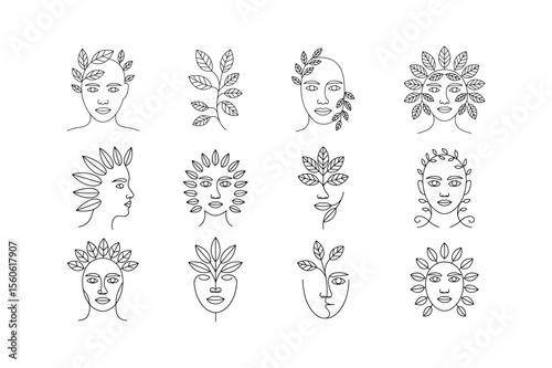 Abstract faces with botanical elements line art leaves