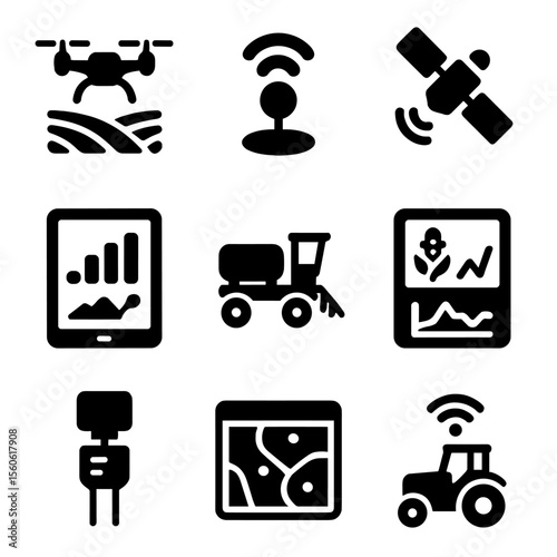 Precision Agriculture Icons. Solid, Filled icon set of precision agriculture: drone over field, GPS signal, satellite, data tablet