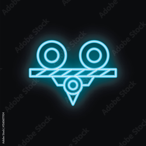 Blue glowing neon line conveyor belt with steel sheet icon isolated on black background