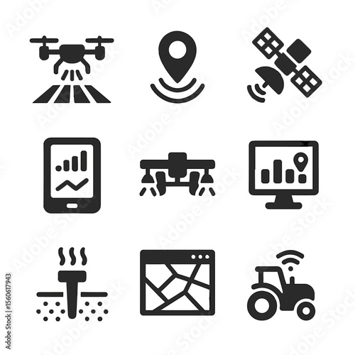 Precision Agriculture Icons. Flat icon set of precision agriculture: drone over field, GPS signal, satellite, data tablet,