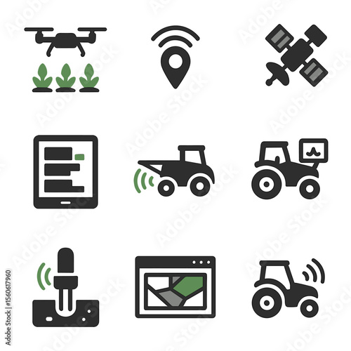 Precision Agriculture Icons. Flat icon set of precision agriculture: drone over field, GPS signal, satellite, data tablet,