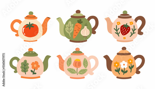 Whimsical flat-style illustration of six decorative garden-themed teapots collection, ideal for garden lovers and vegetable-themed designs.