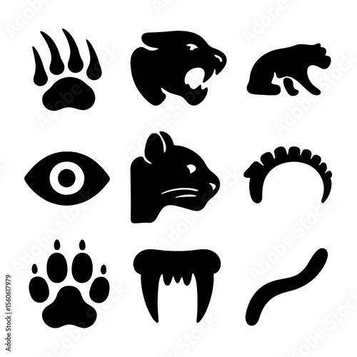 Predator Anatomy Icons. Solid, filled icon set of predator anatomy: sharp claws, powerful jaws, muscular body, keen eyes, whiskers