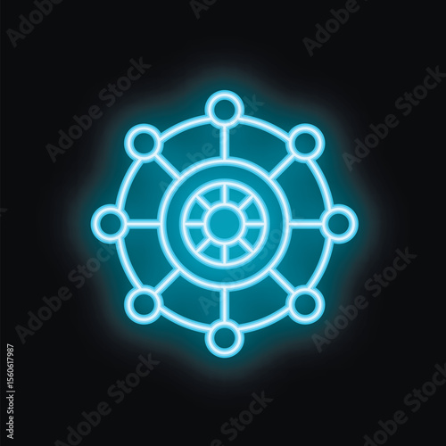 Blue glowing neon icon representing a network hub with a central core and nodes connected to it on a black background