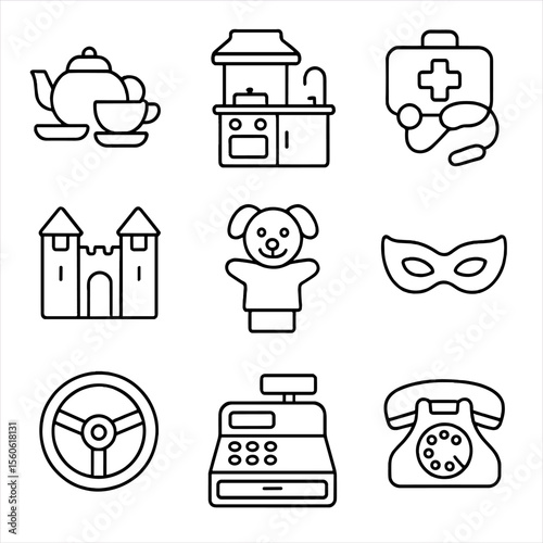 Pretend Play Icons. Outline icon set of pretend play scenes: tea set, play kitchen, doctor kit, cardboard fort, puppet on hand,