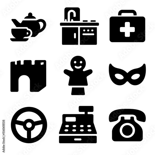 Pretend Play Icon Set. Solid, Filled icon set of pretend play scenes: tea set, play kitchen, doctor kit, cardboard fort, puppet on