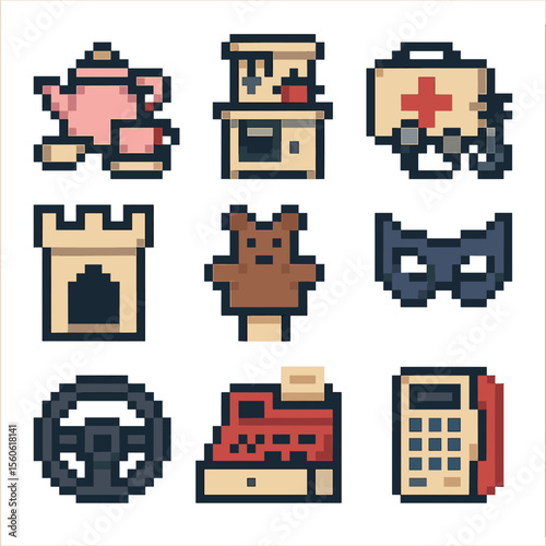 Pretend Play Pixel Icons. Pixel art icon set of pretend play scenes: tea set, play kitchen, doctor kit, cardboard fort, puppet on